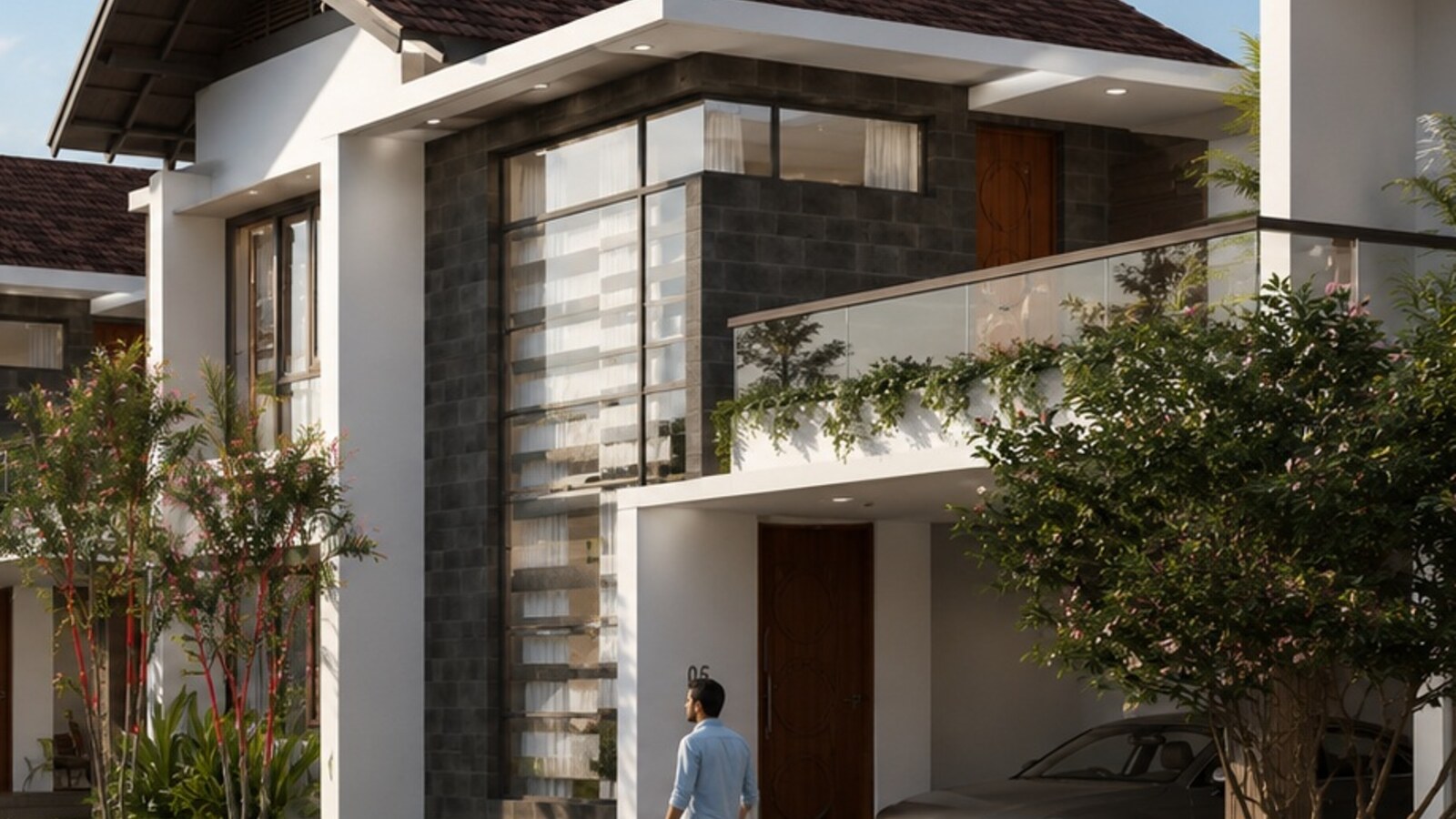 Exterior villa street — before and after 2× upscale — before